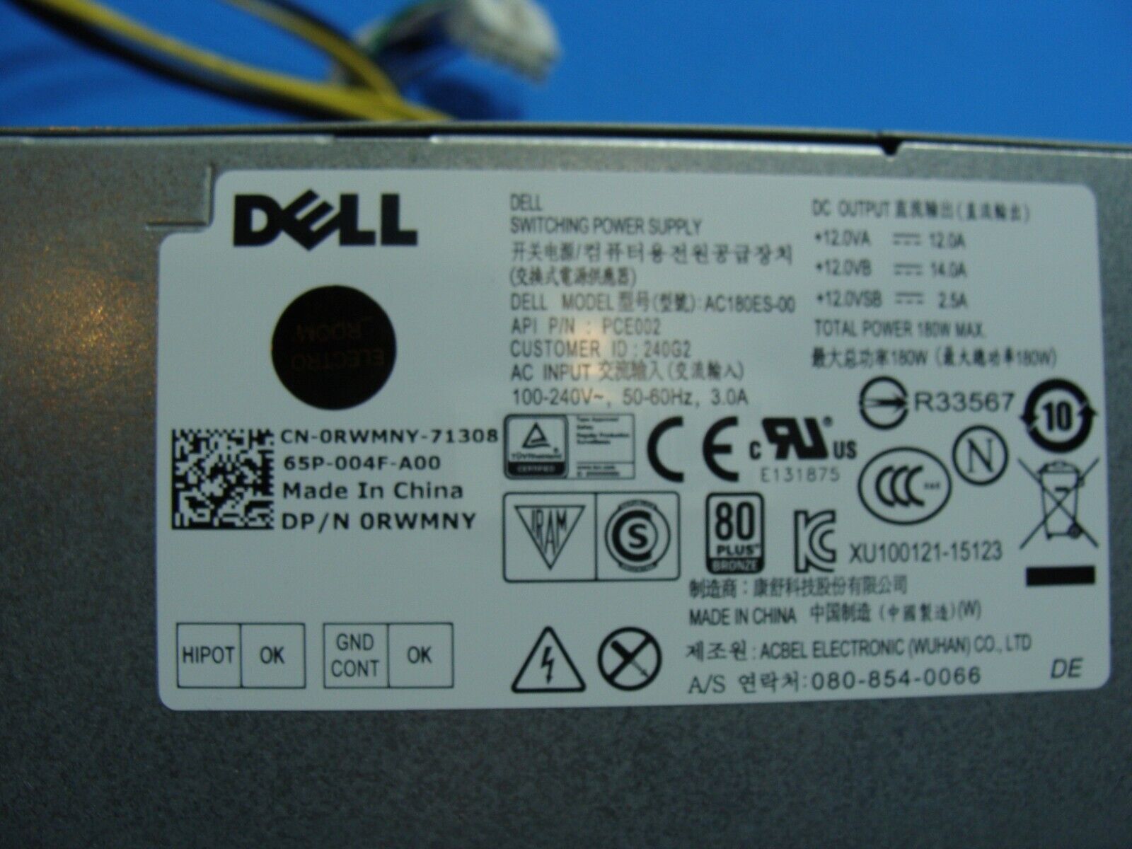 Dell OptiPlex 5040 SFF Genuine Desktop 180W Power Supply AC180ES-00 RWMNY