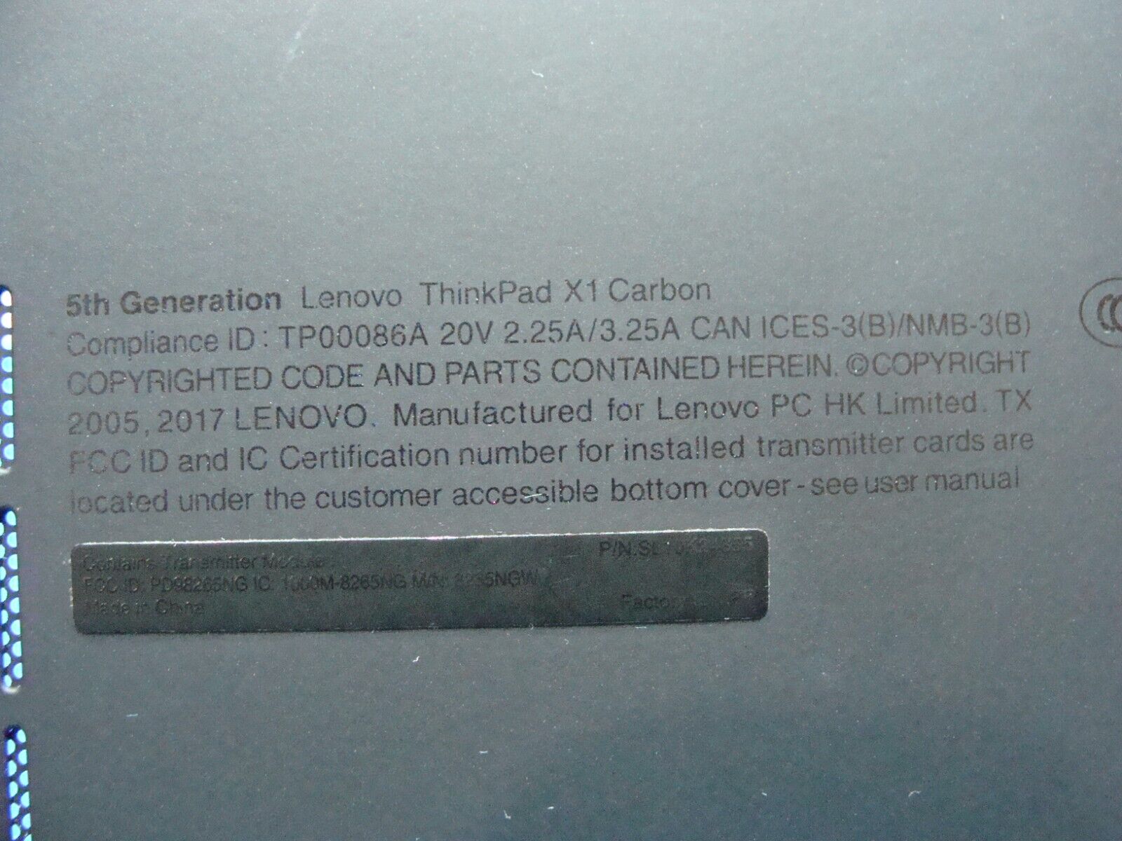 Lenovo ThinkPad 14” X1 Carbon 5th Gen Bottom Case Base Cover Black AM12S000400