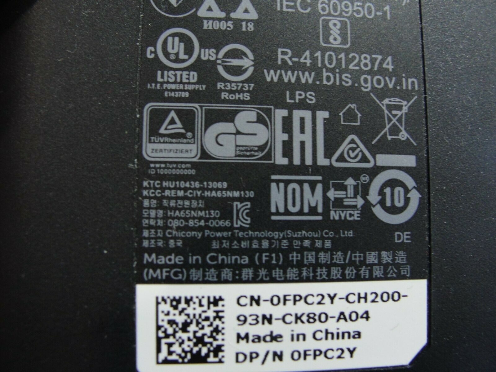 Genuine Dell AC Adapter Power Charger 19.5V 3.34A 65W HA65NM130 0FPC2Y 