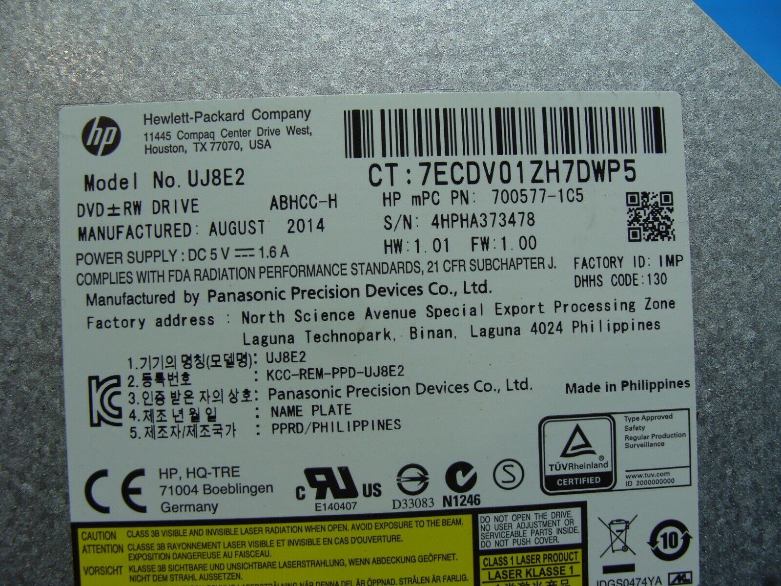 HP 15.6” 15-r030wm OEM Laptop DVD-RW Burner Drive UJ8E2 700577-1C5 750636-001