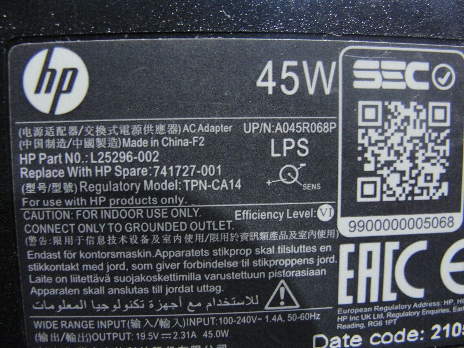 Genuine HP AC Adapter Power Charger 19.5V 2.31A 45W TPN-CA14 L25296-002