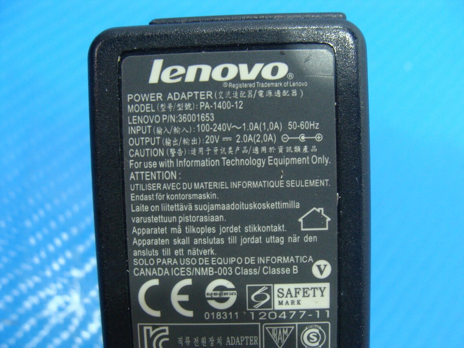 Genuine OEM Lenovo IdeaPad Charger Power Supply 40W LN-A0403A3C PA-1400-12